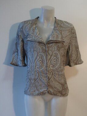 Womens Basile (Item- 184) Taupe White Paisley Silk Short Slv Blouse Top 42 US/M